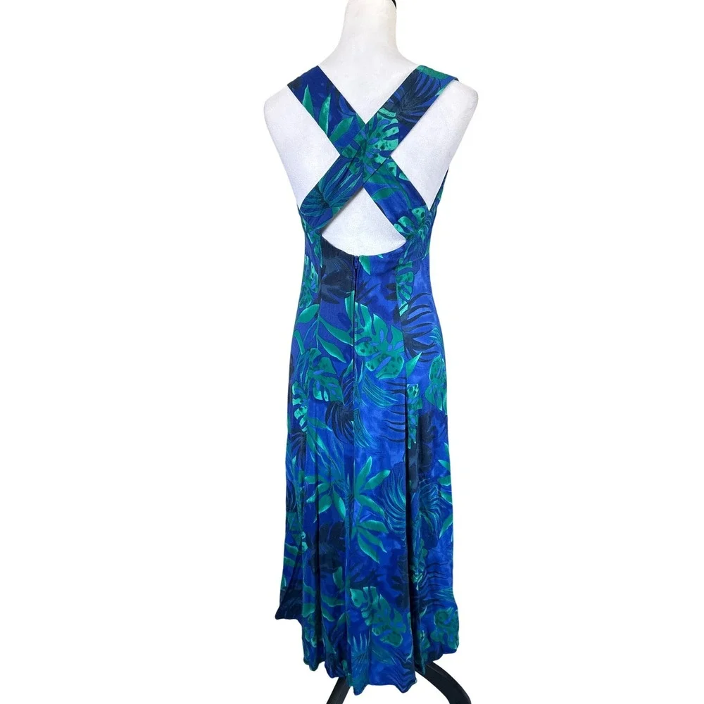 VTG Dress Barn Maxi Dress Women Size 8 Blue Green Tropical Leaf Cross Back Rayon - Picture 2 of 6